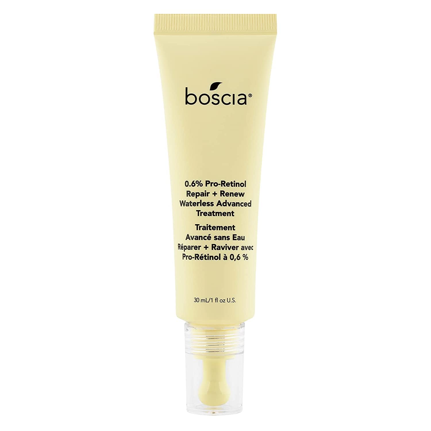 Boscia Pro-Retinol bottle front for a clean, plant-based anti-aging routine.
