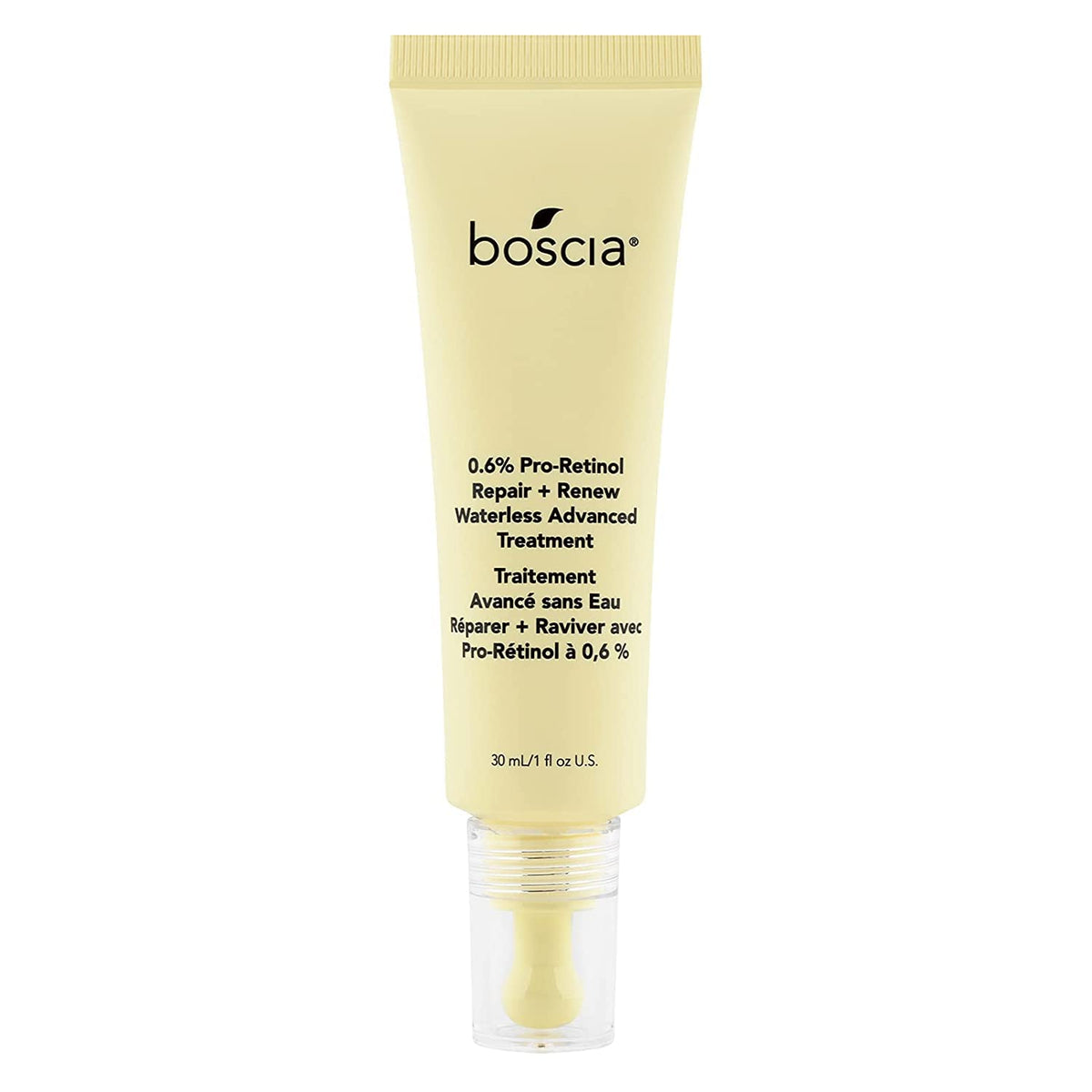 Boscia Pro-Retinol bottle front for a clean, plant-based anti-aging routine.