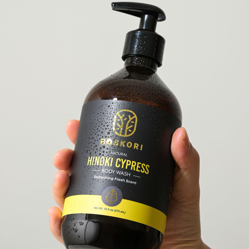 BOSKORI Hinoki bottle highlights sake based formula for soothing cleansing.