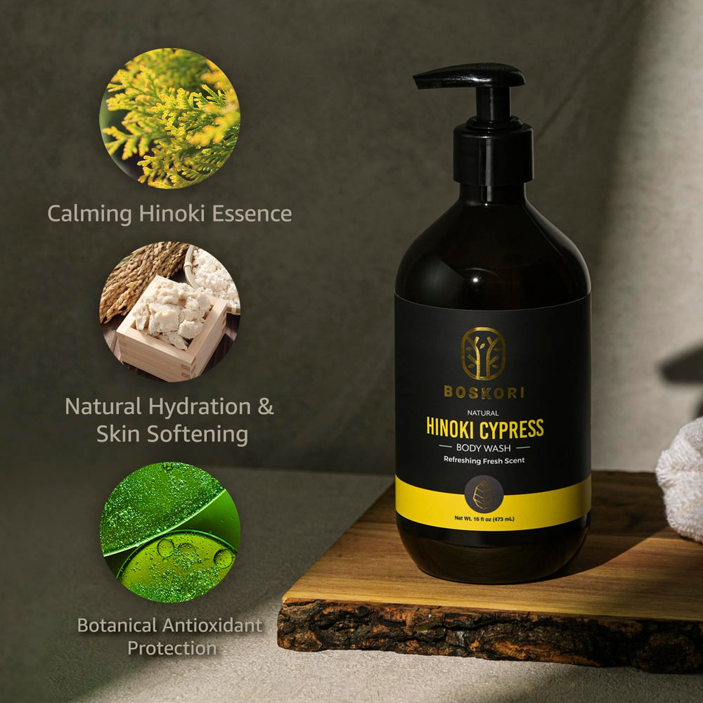 BOSKORI Hinoki body wash lather closeup shows rich foam for a refreshing cleanse.