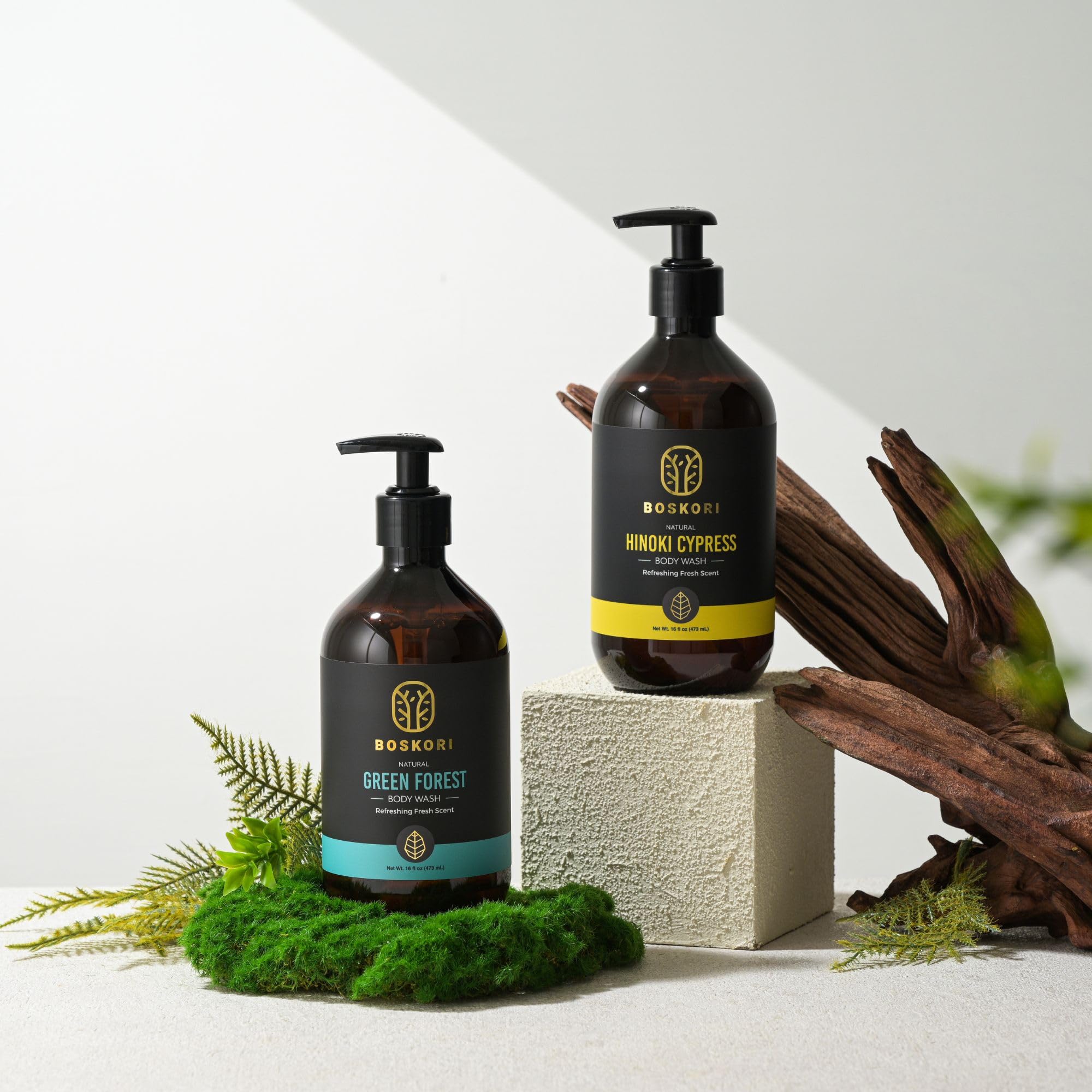 BOSKORI Hinoki packaging emphasizes a clean, premium male grooming aesthetic.