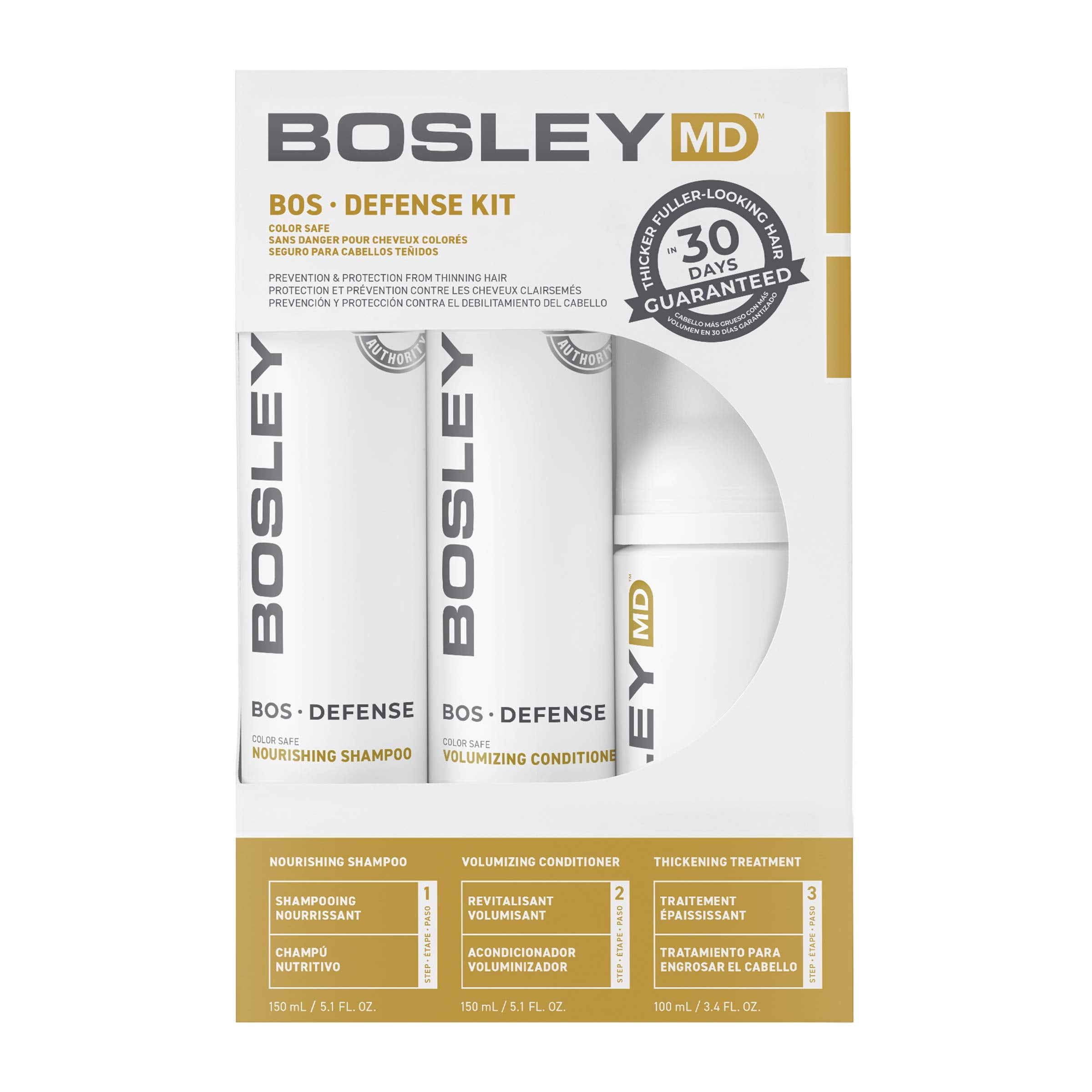 BosleyMD BosDefense Nourishing Shampoo bottle promotes a cleaner scalp and fuller-looking hair.