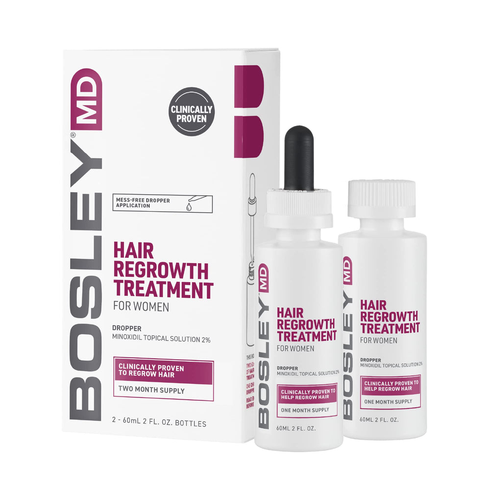 BosleyMD Hair Regrowth bottle for precise topical application on thinning areas.