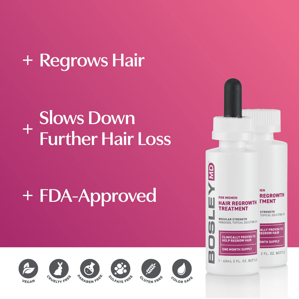 BosleyMD label emphasizes minoxidil formula for women seeking hair regrowth.