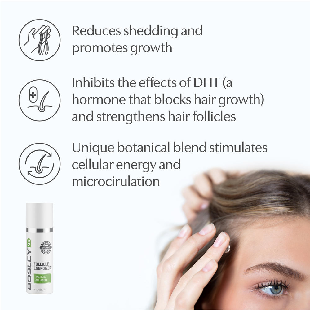 Sleek BosleyMD packaging highlights vegan, clean formula for mindful hair care.