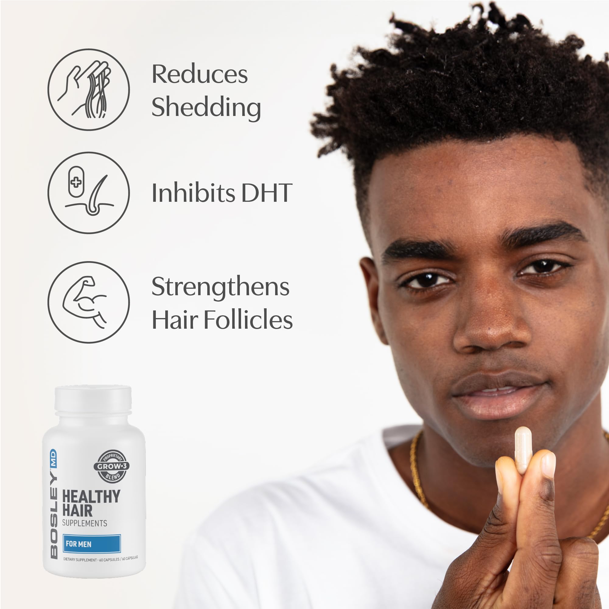 BosleyMD capsules on blister pack highlighting biotin and zinc for hair strength.