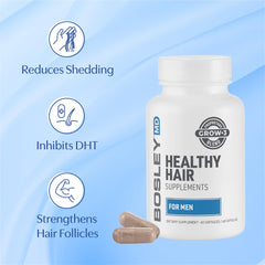 Close-up of BosleyMD bottle with ingredients list showing pumpkin seed extract.
