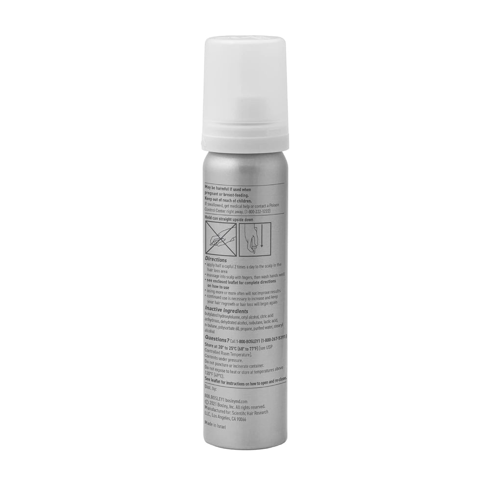 BosleyMD Minoxidil foam close-up cap highlights branding and usage cues