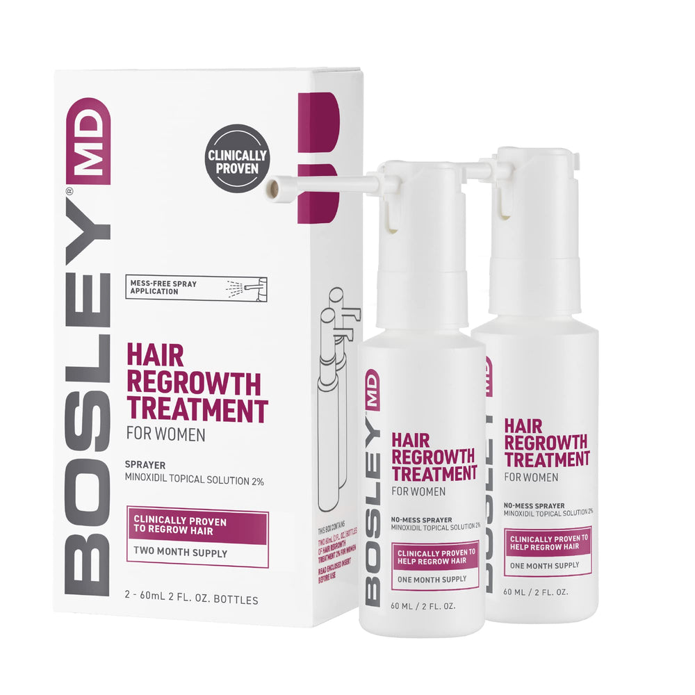 BosleyMD Minoxidil Women spray bottle in hand for easy application.