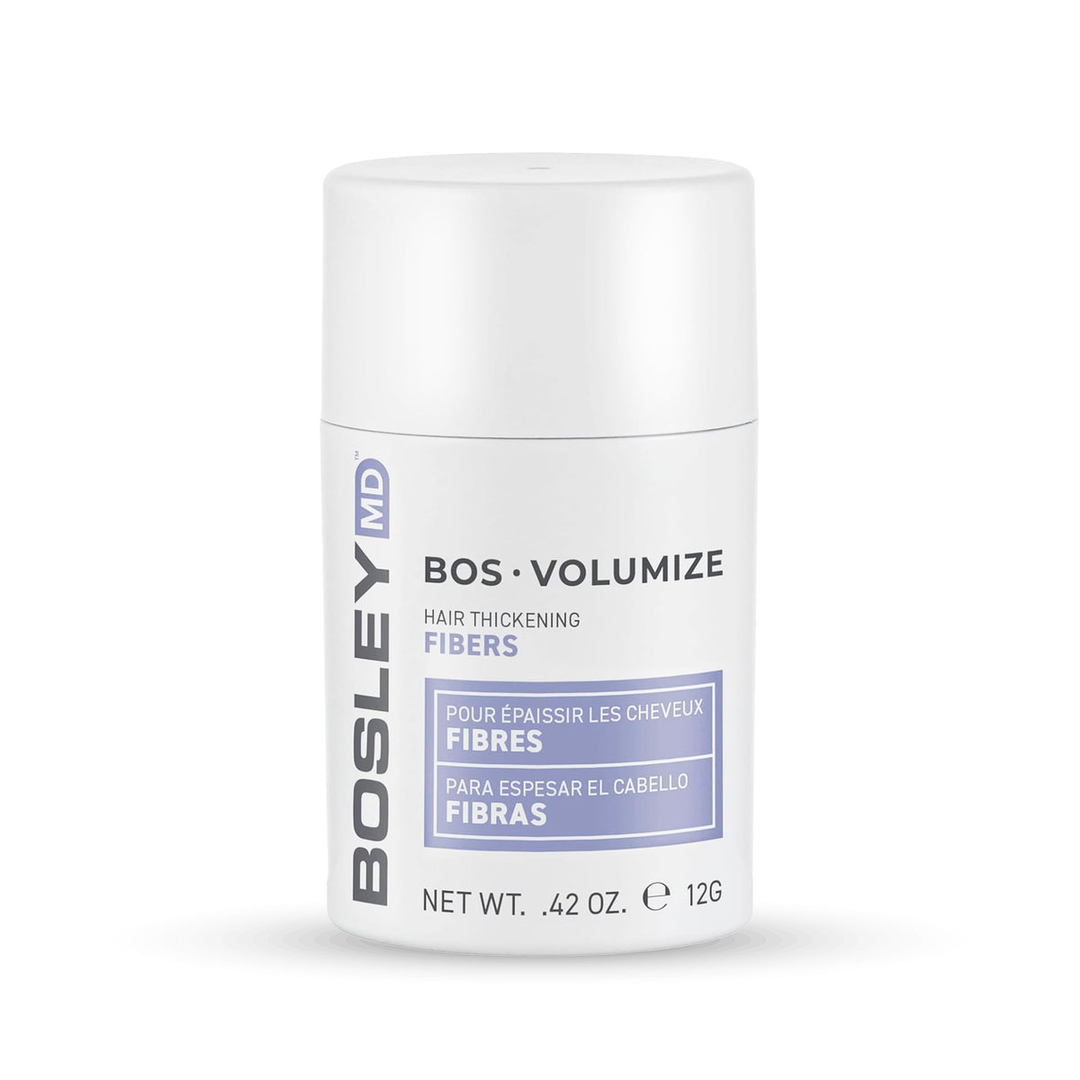 BosleyMD professional-strength fibers bottle shows instant volume on thinning hair.