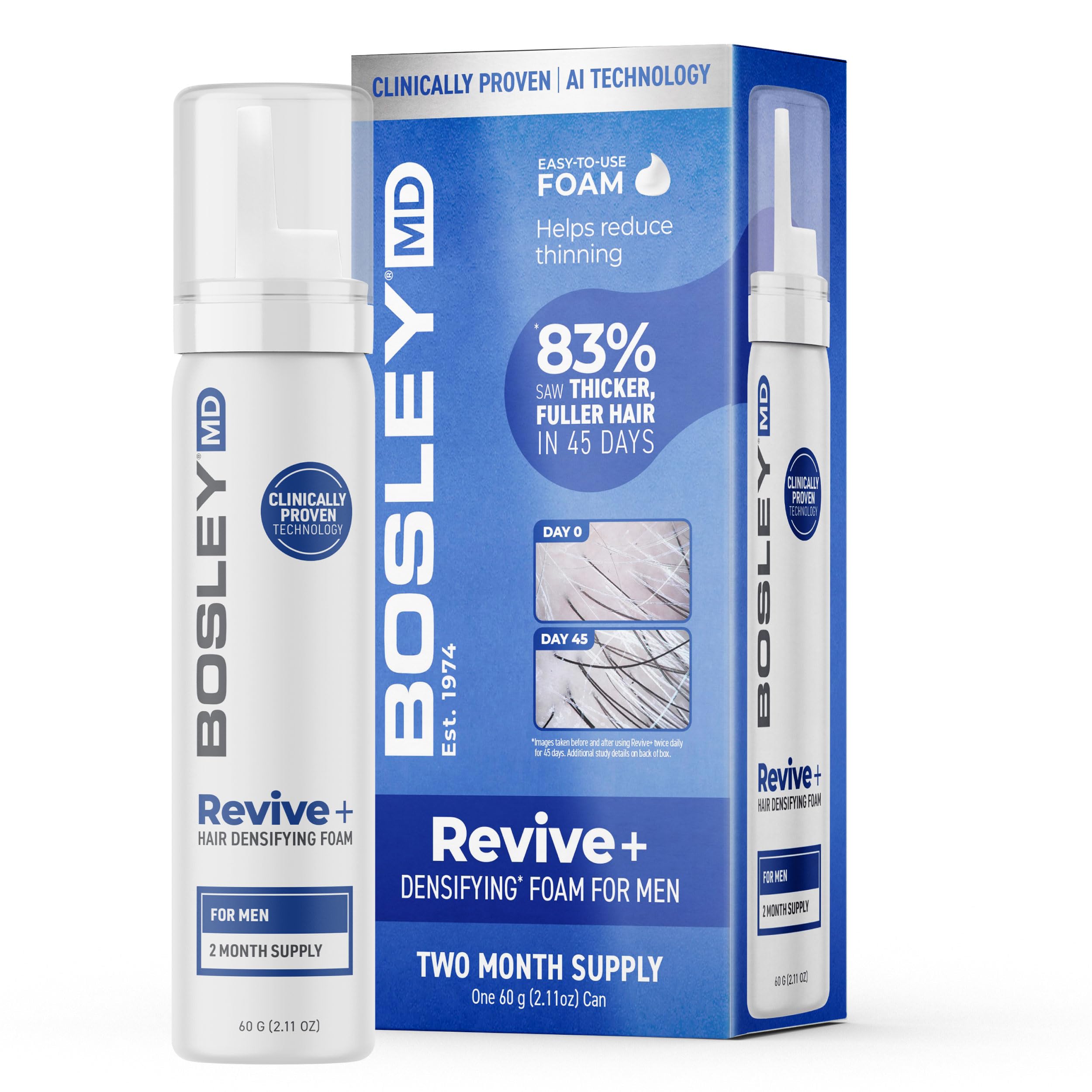 BosleyMD Revive+ densifying foam packaging shown for fuller-looking hair use