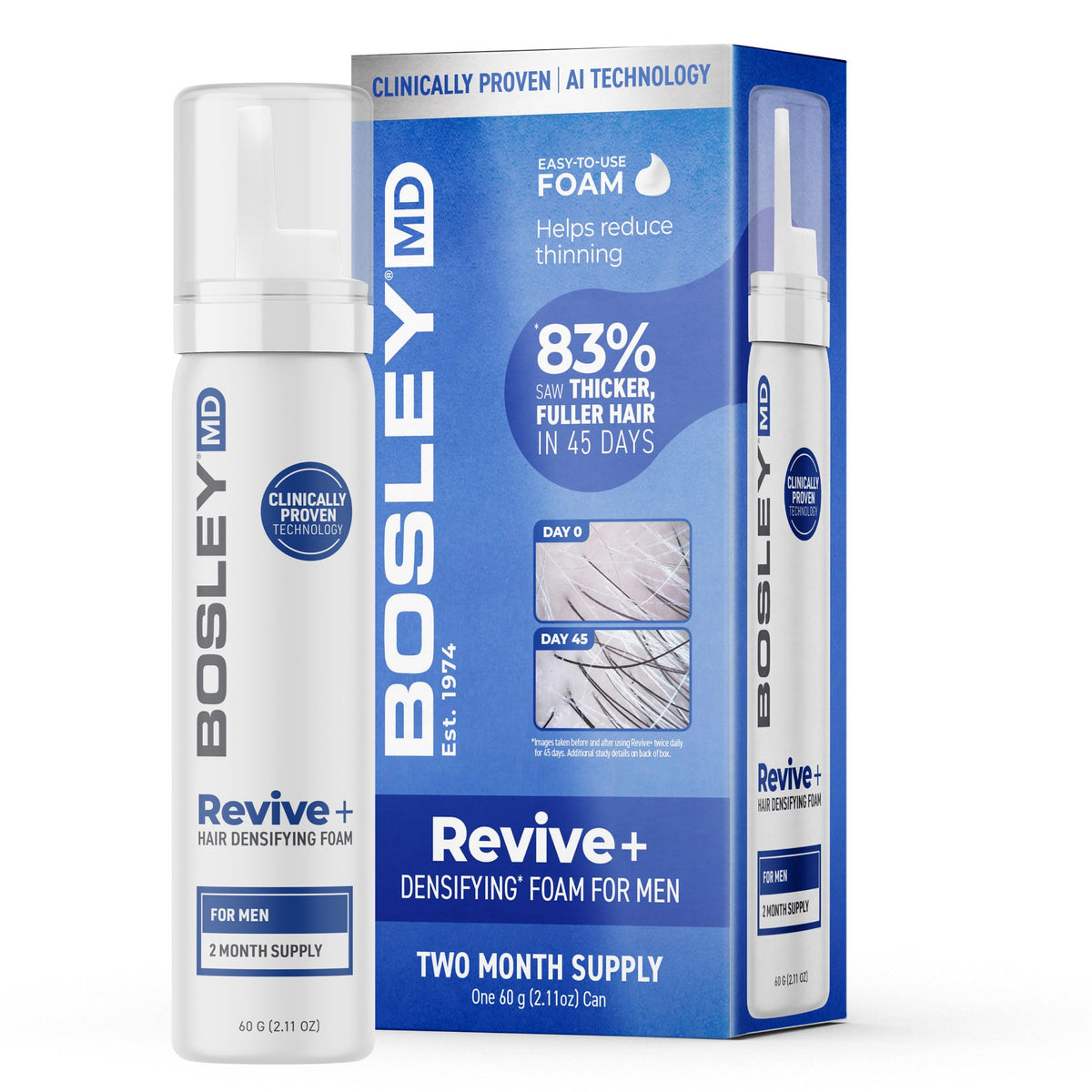 BosleyMD Revive+ densifying foam packaging shown for fuller-looking hair use