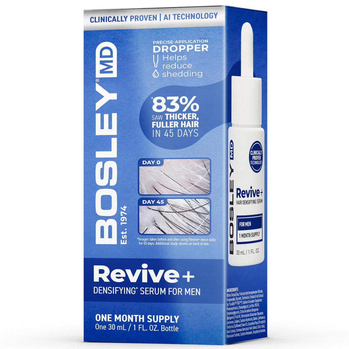 BosleyMD Revive+ serum bottle for daily densifying routine on thinning areas