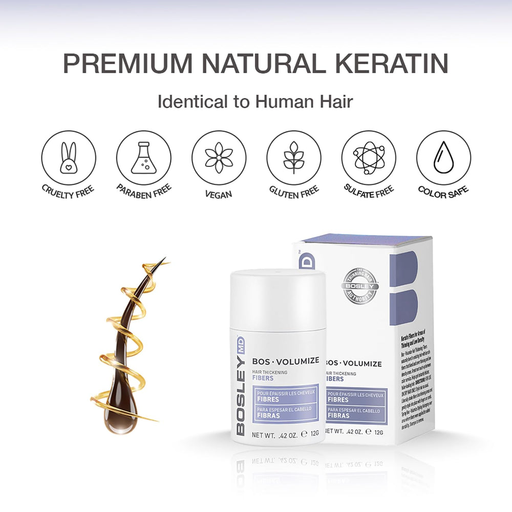 Hair fibers electrostatically attach to strands for a natural, fuller appearance.