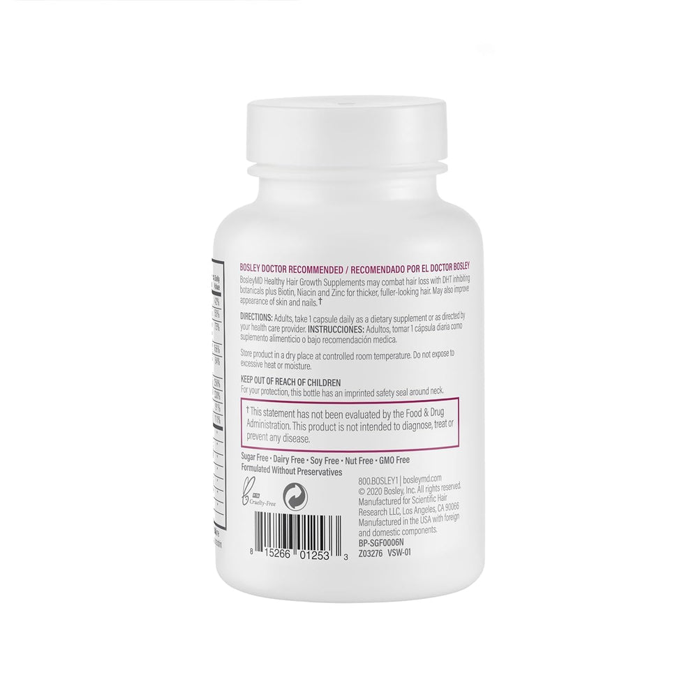 BosleyMD ingredients label shows botanicals and vitamins supporting hair wellness.
