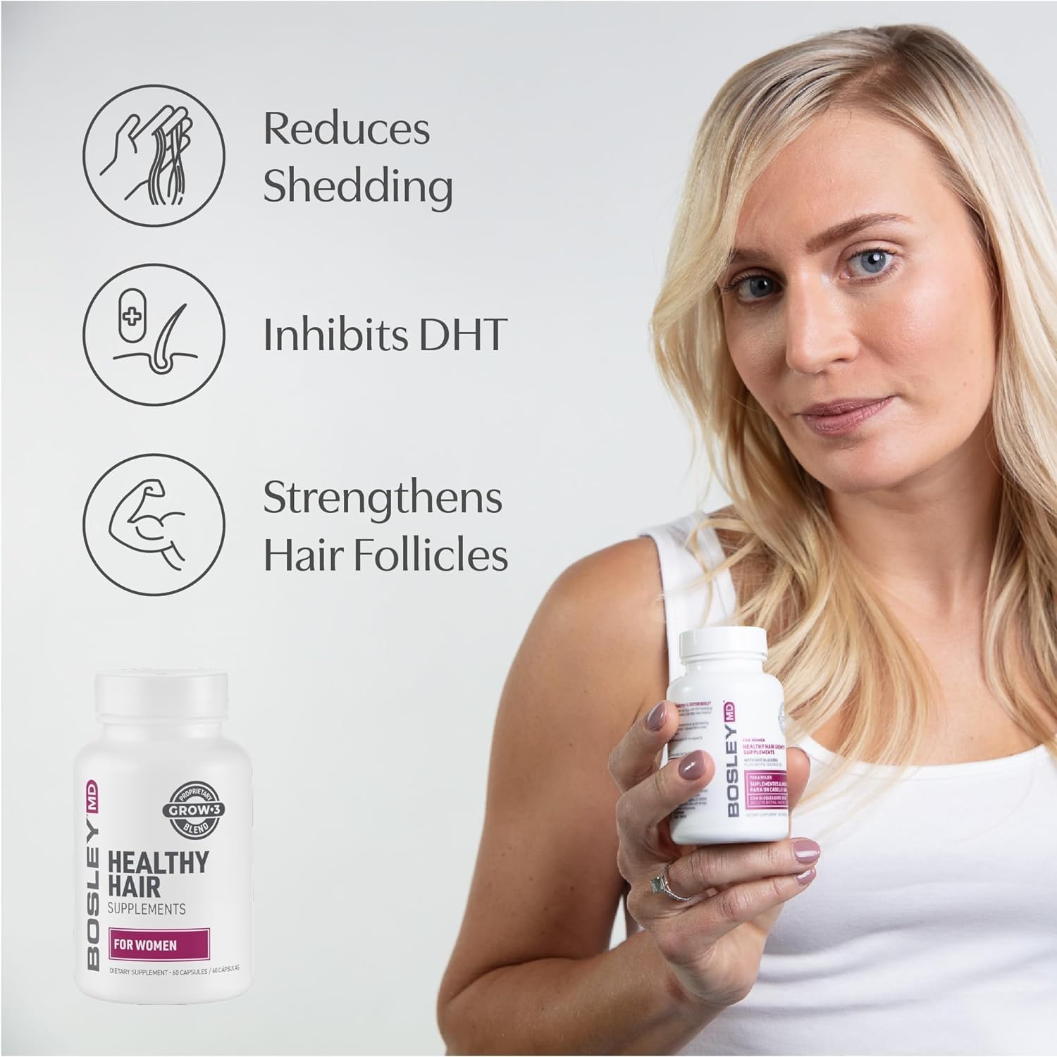 Front packaging of BosleyMD supplements emphasizes vegan, sulfate-free formulation.