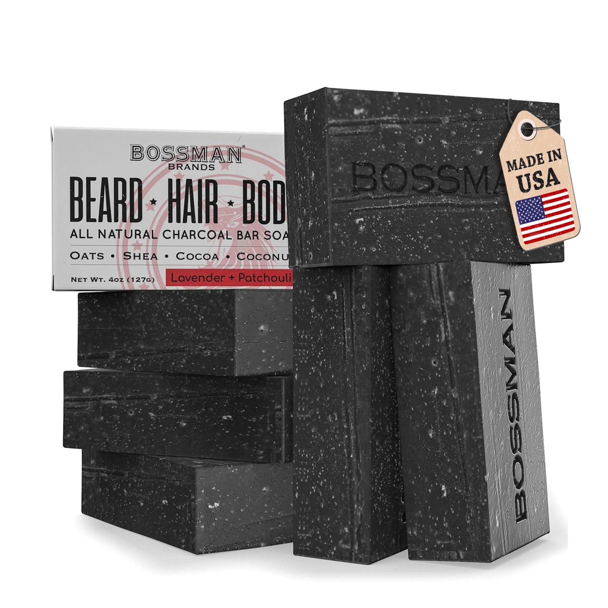 Bossman 4-in-1 charcoal soap bar packaging with lavender-patchouli scent for grooming versatility