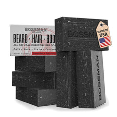 Bossman 4-in-1 charcoal soap bar packaging with lavender-patchouli scent for grooming versatility
