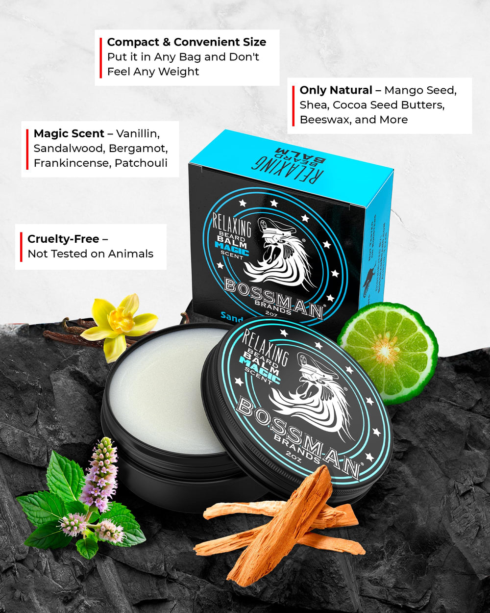 Bossman Beard Balm jar demonstrates shaping power with a light hold for controlled styling.