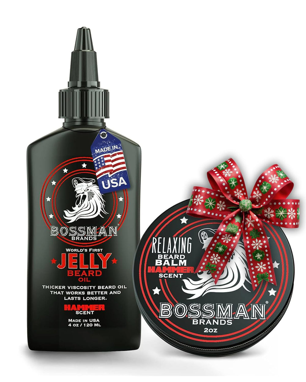 Bossman Beard Oil Jelly Hammer bottle showcases thick formula for fuller, stronger beard.
