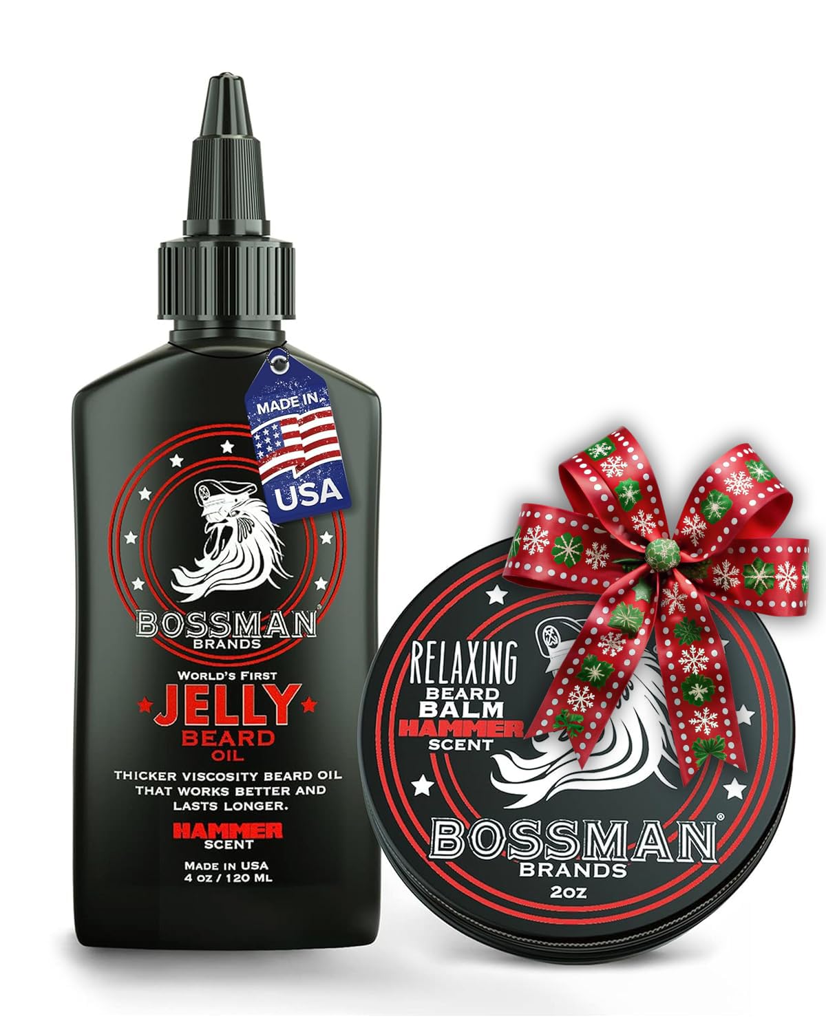 Bossman Beard Oil Jelly Hammer bottle showcases thick formula for fuller, stronger beard.