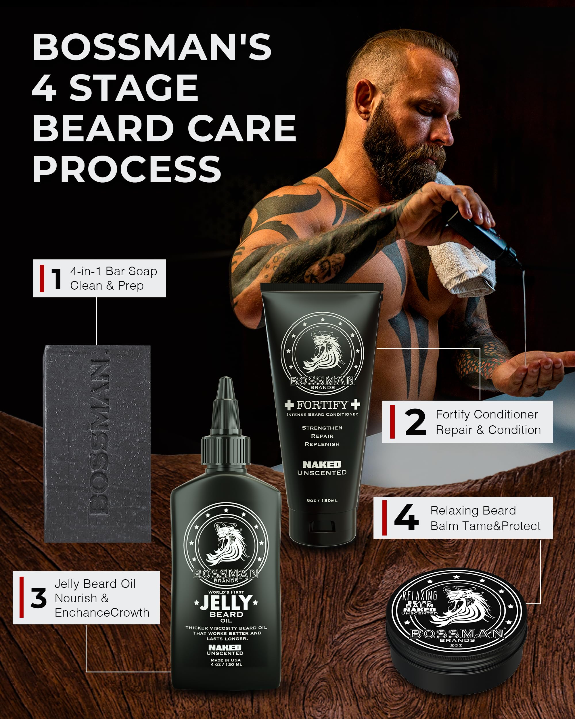 Beard grooming routine featuring Bossman jelly oil for a polished finish.
