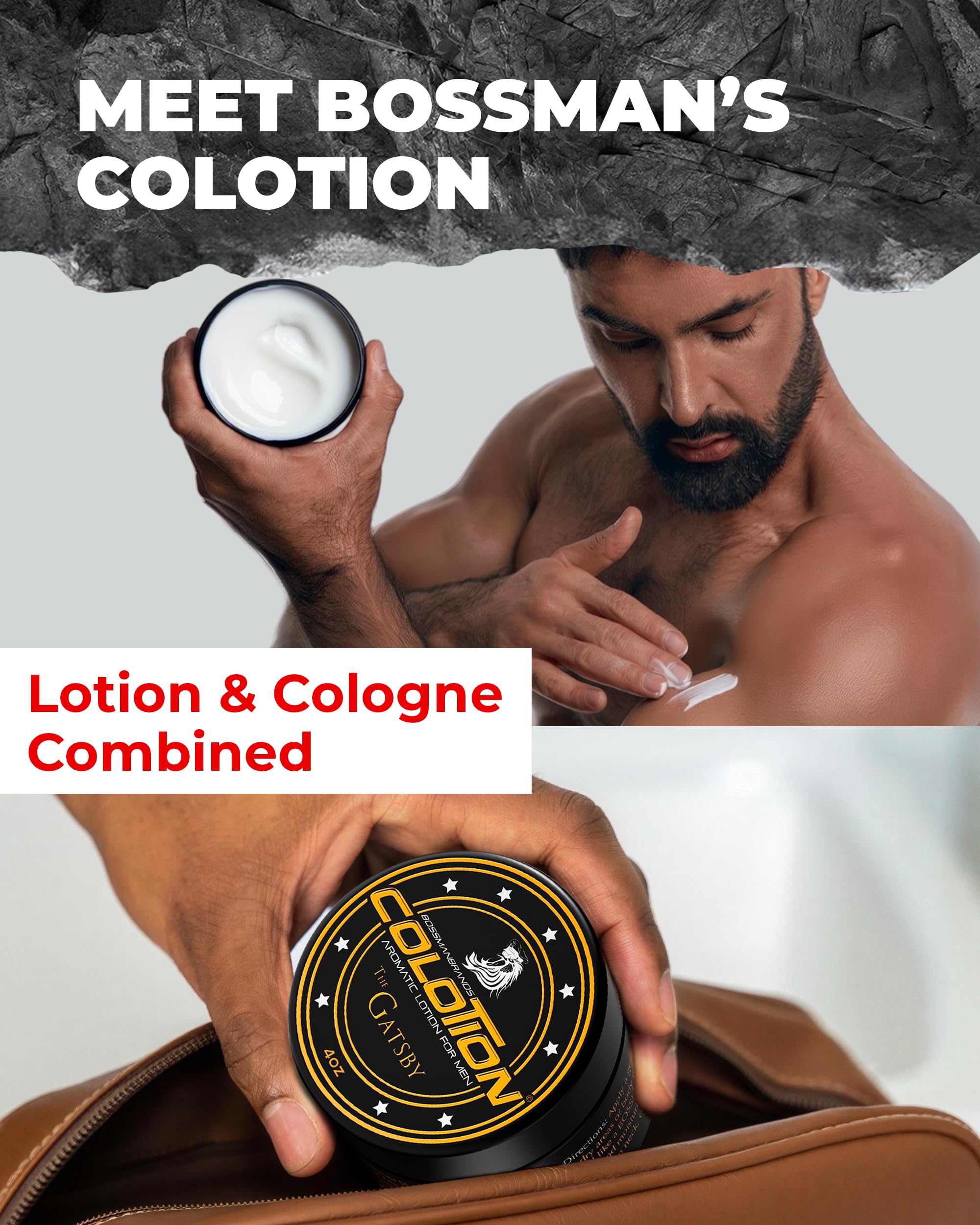 Bossman Colotion application on forearm demonstrates quick-absorbing non-greasy moisturizer.