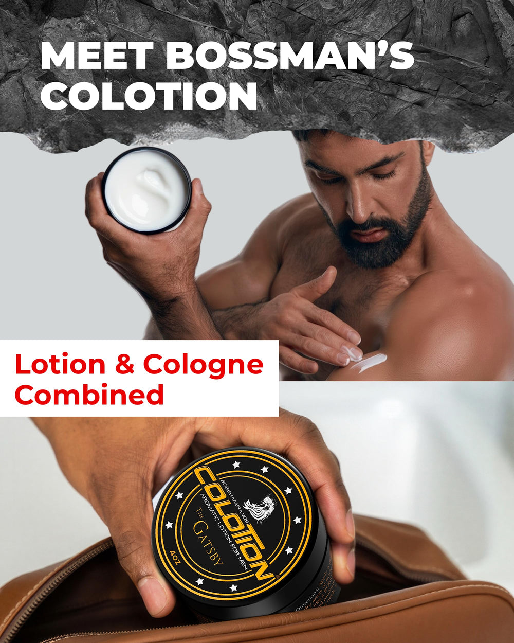 Bossman Colotion application on forearm demonstrates quick-absorbing non-greasy moisturizer.