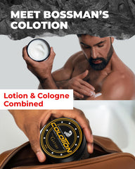 Bossman Colotion application on forearm demonstrates quick-absorbing non-greasy moisturizer.