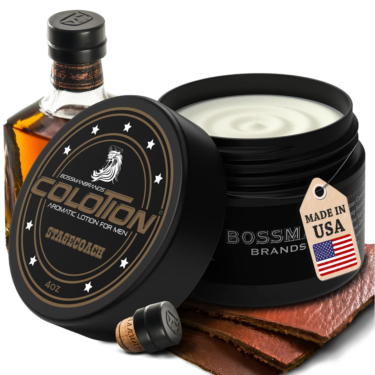 Bossman Colotion Stagecoach bottle front showing long-lasting fragrance and hydrating formula.