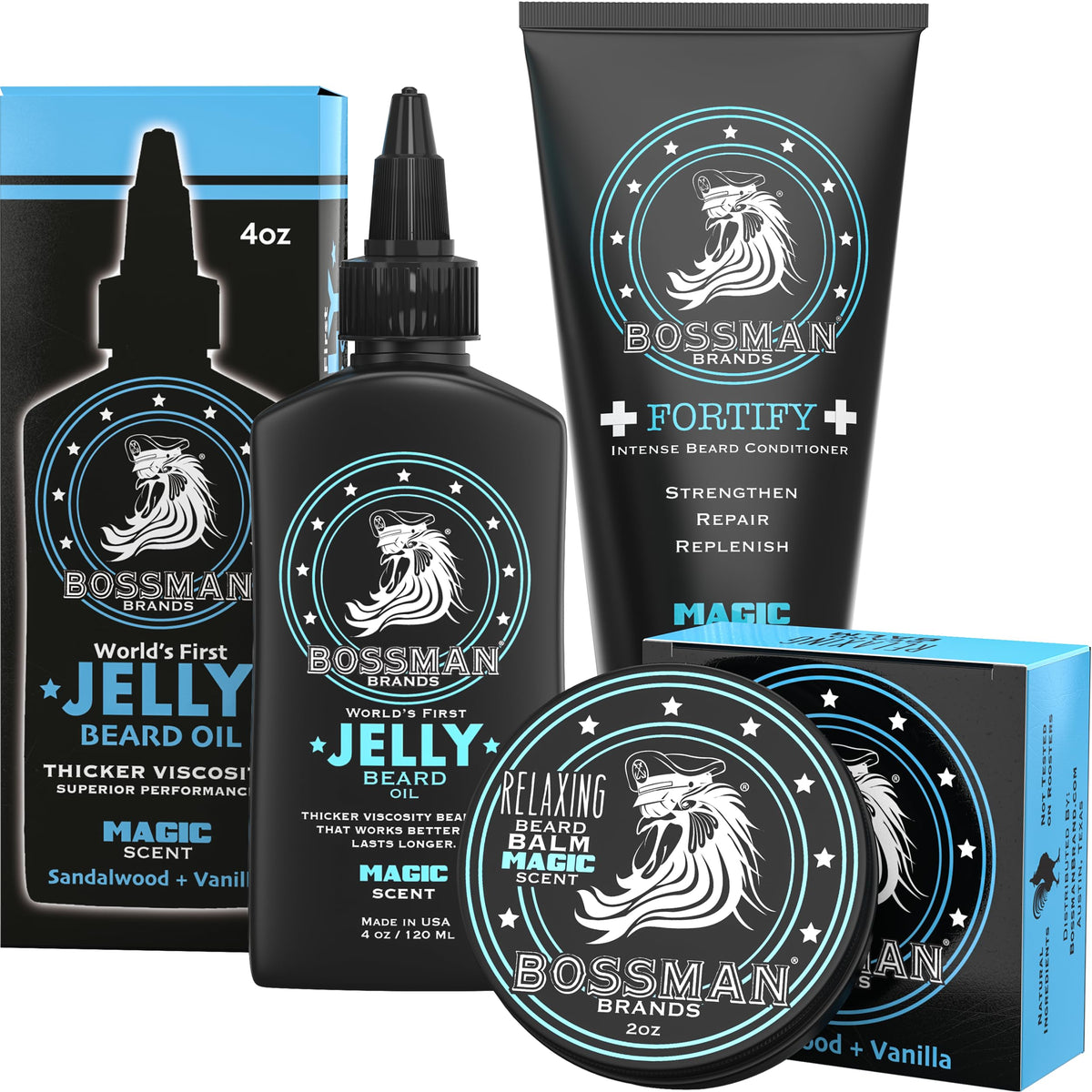 Bossman Essentials beard kit shown with all three products for daily grooming.