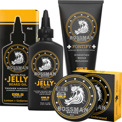 Bossman Essentials beard kit front view, three-piece set for daily grooming.