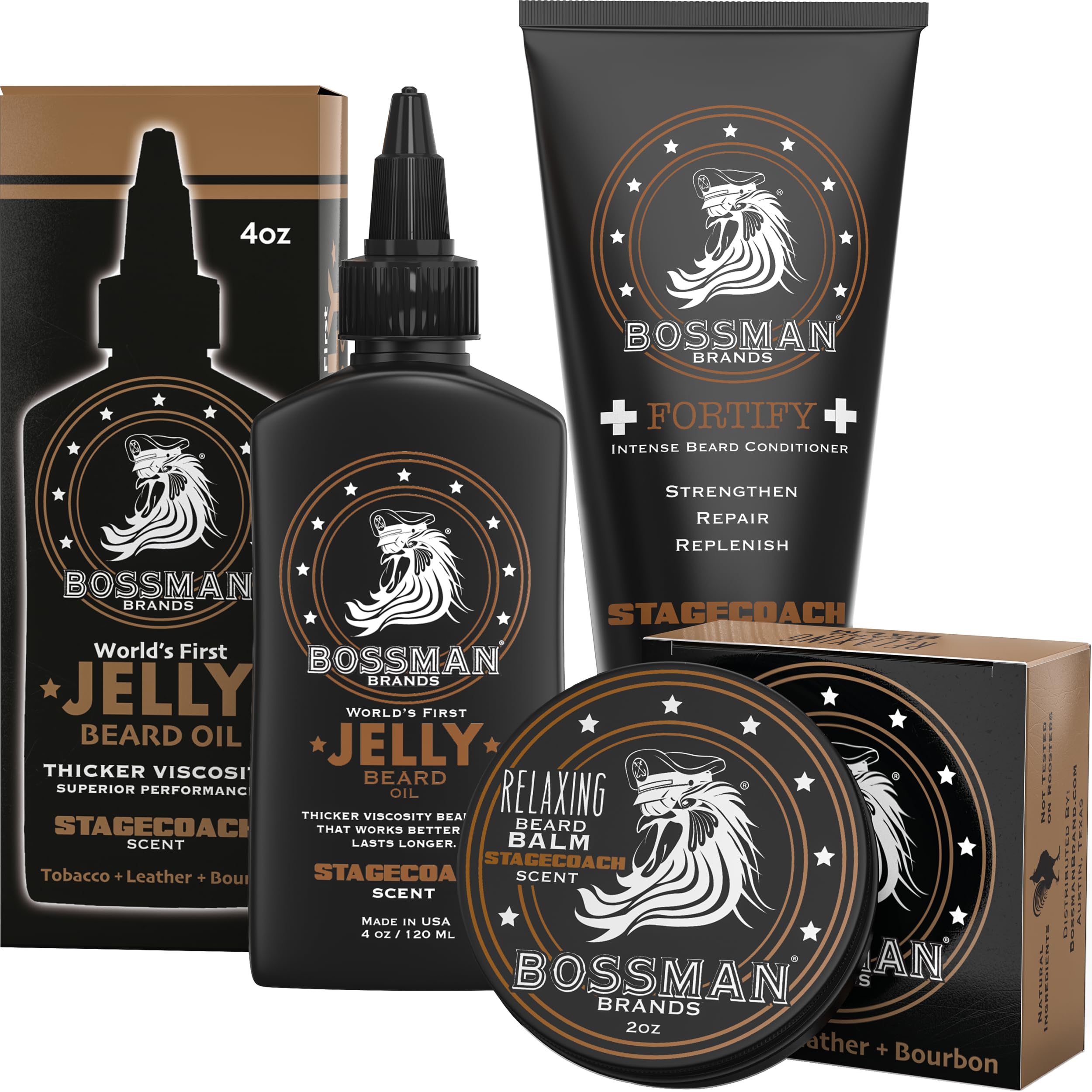 Bossman Essentials beard kit packaging on display for gifting