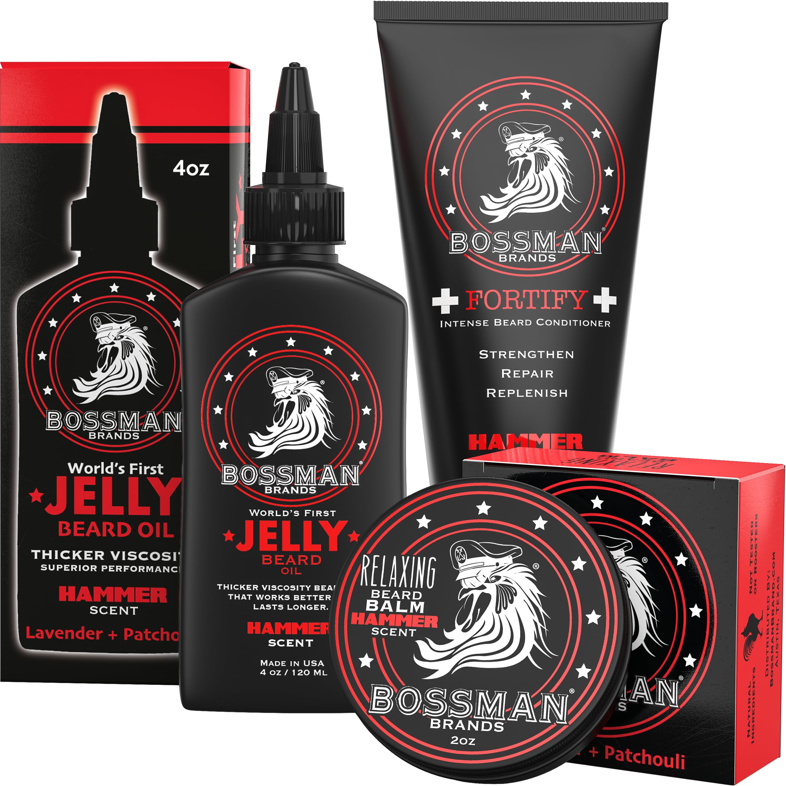 Bossman Essentials beard kit packaging shown as gift-ready box.