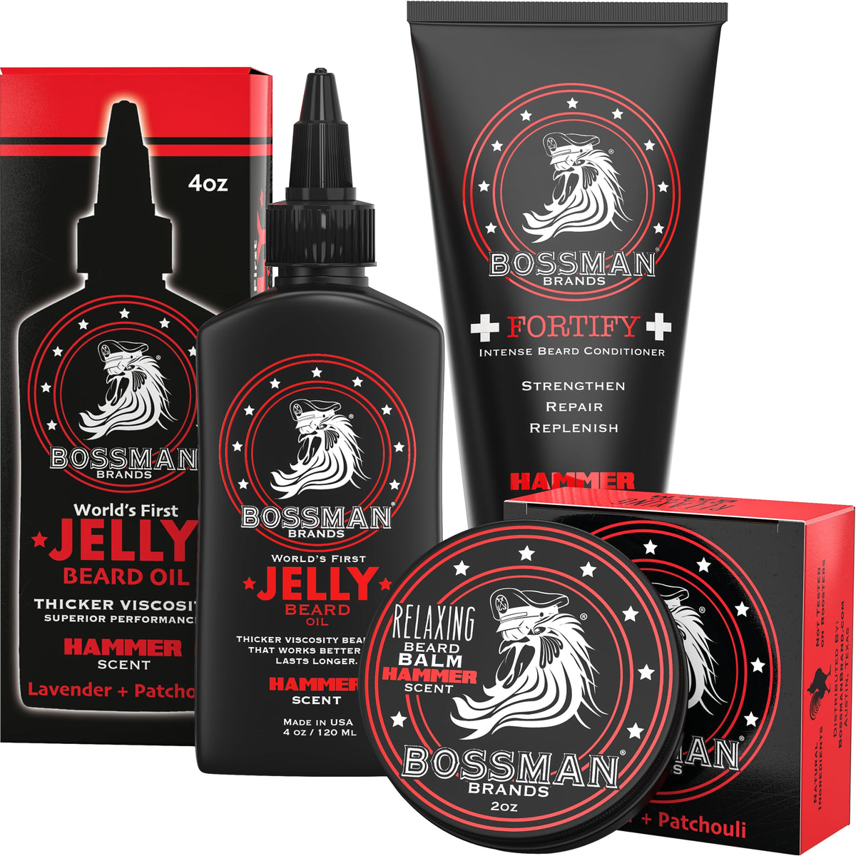 Bossman Essentials beard kit packaging shown as gift-ready box.