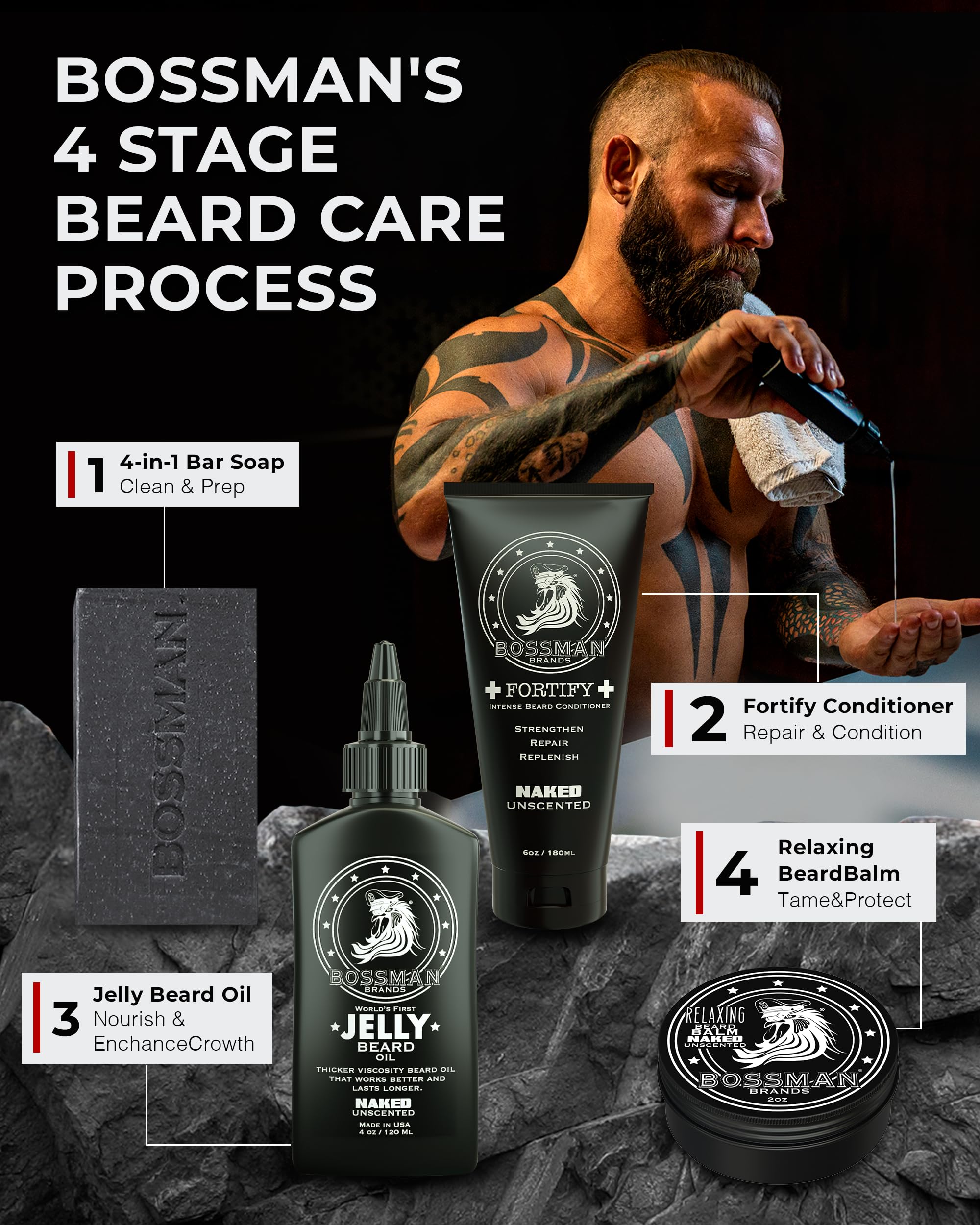 Applying Bossman Fortify to a damp beard during routine