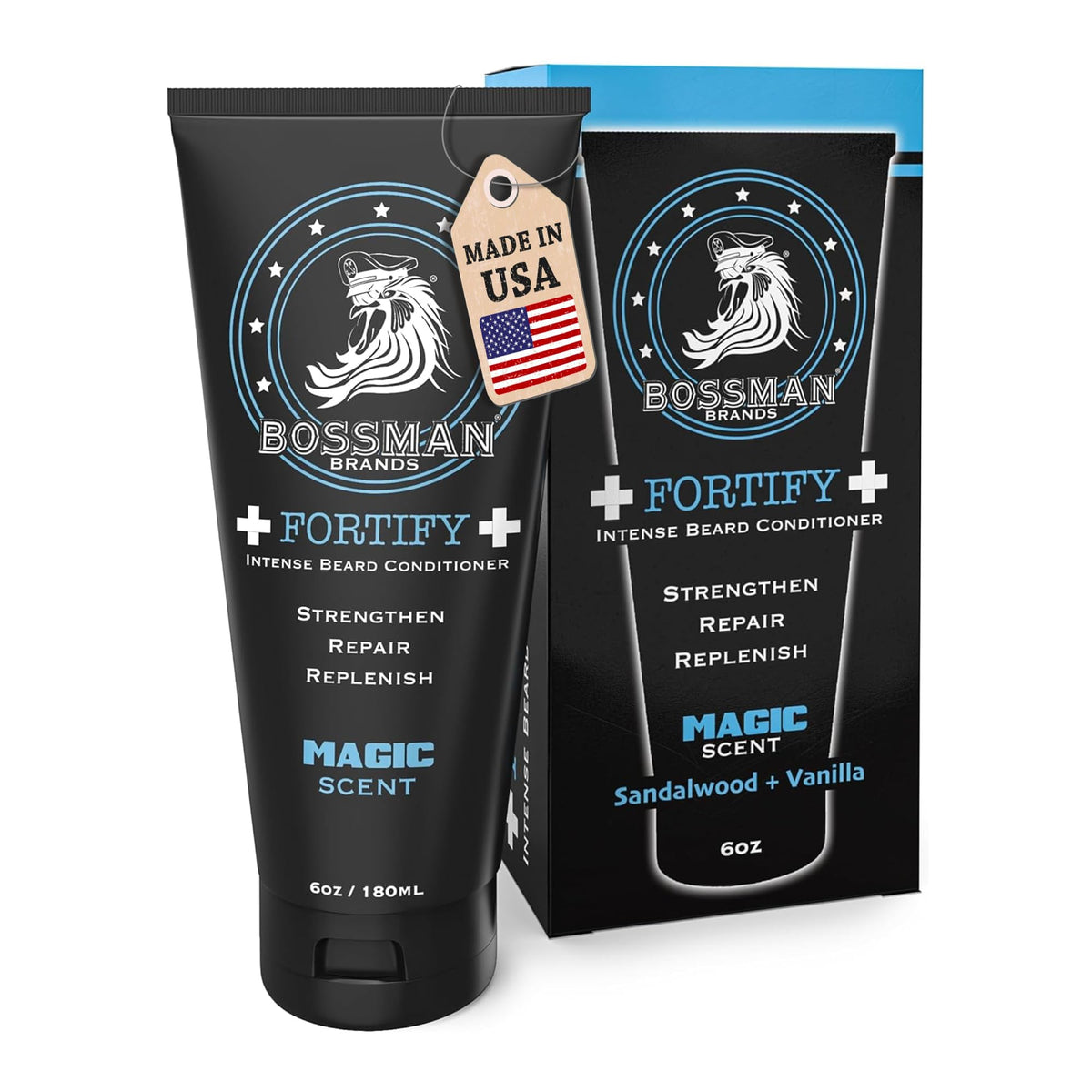 Bossman Fortify Intense Beard Conditioner bottle front highlights nourish and smooth beard