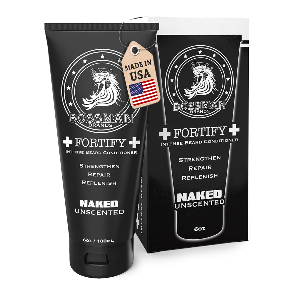 Bossman Fortify Intense Beard Conditioner jar close-up showing rich nourishment for beard fibers