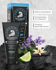 Bossman Fortify Intense Beard Conditioner label closeup emphasizes mango butter and argan oil