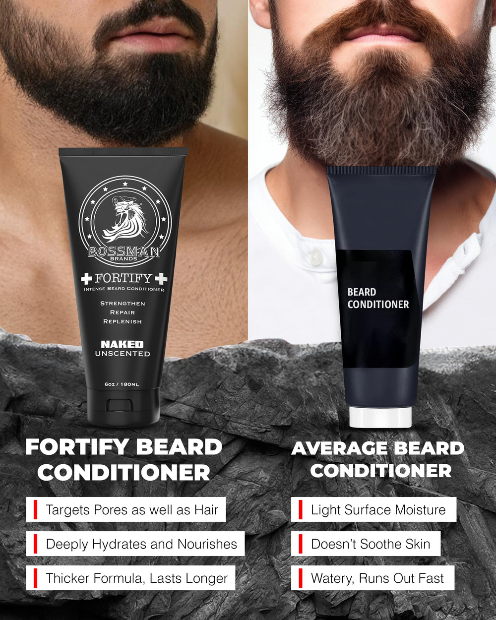 Label close-up indicating USA-made, cruelty-free Bossman Fortify conditioner