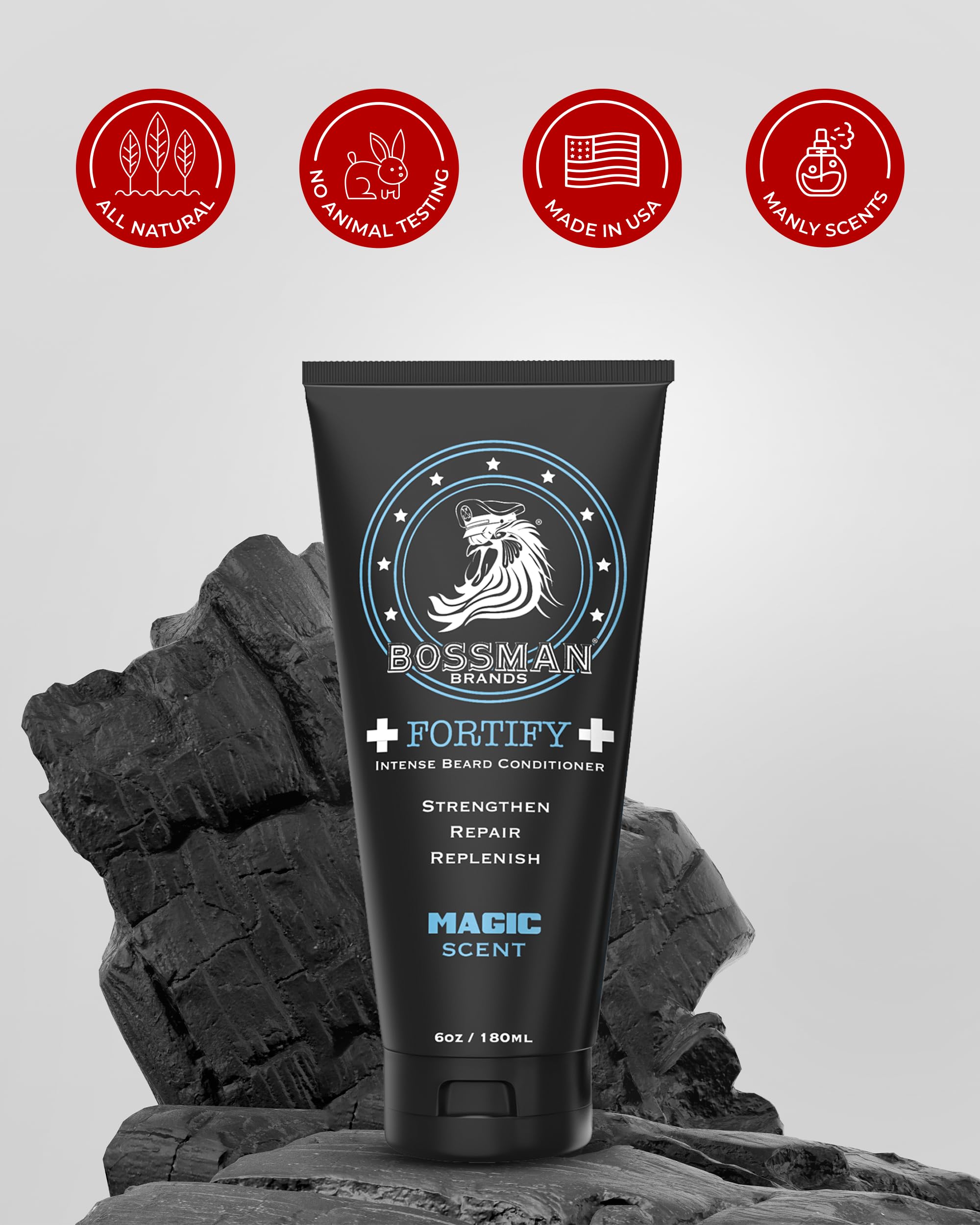 Shower scene featuring Bossman Fortify Intense Beard Conditioner, focusing on moisture and irritation relief under beard