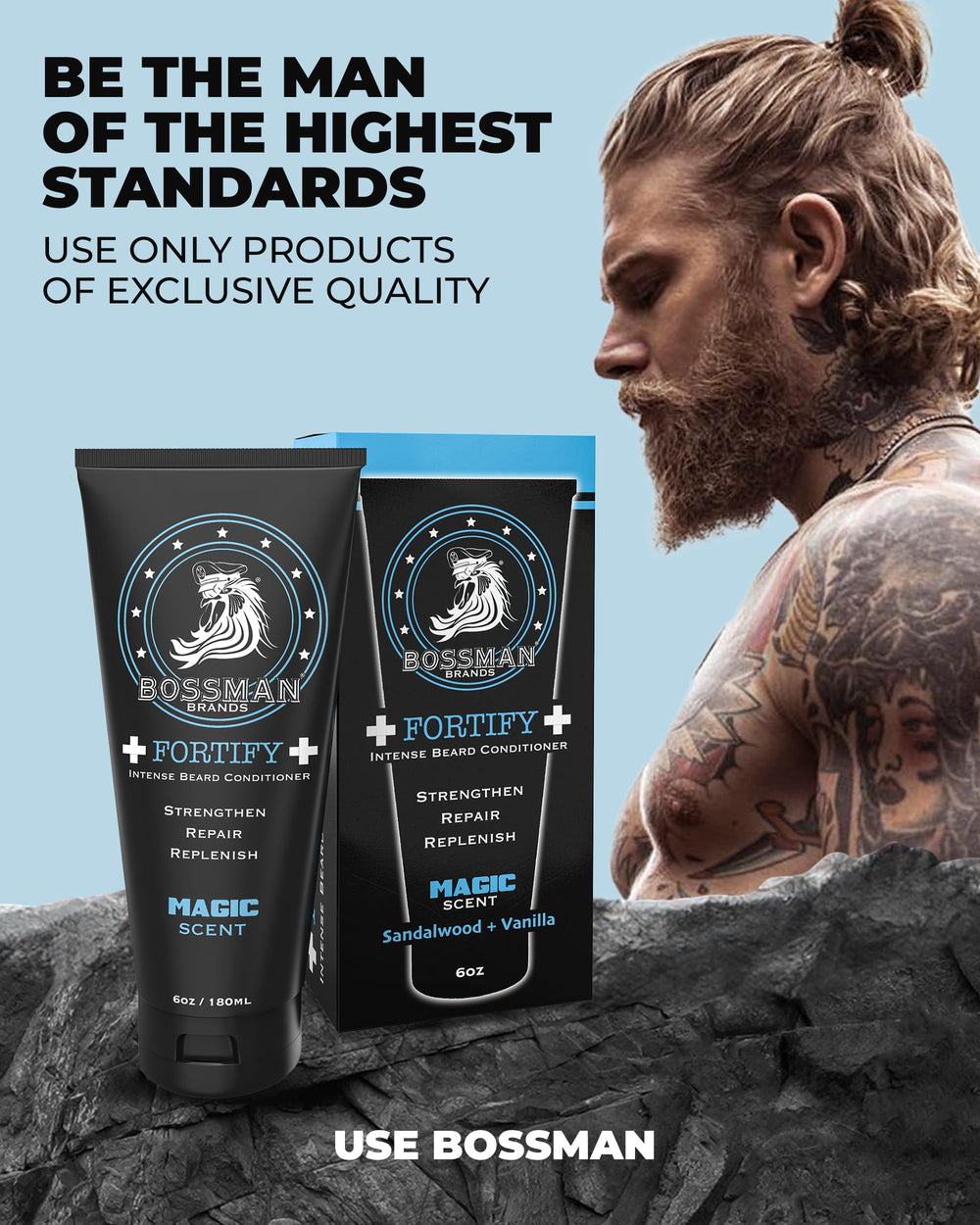 Lifestyle shot of a well-groomed beard after using Bossman Fortify Intense Beard Conditioner