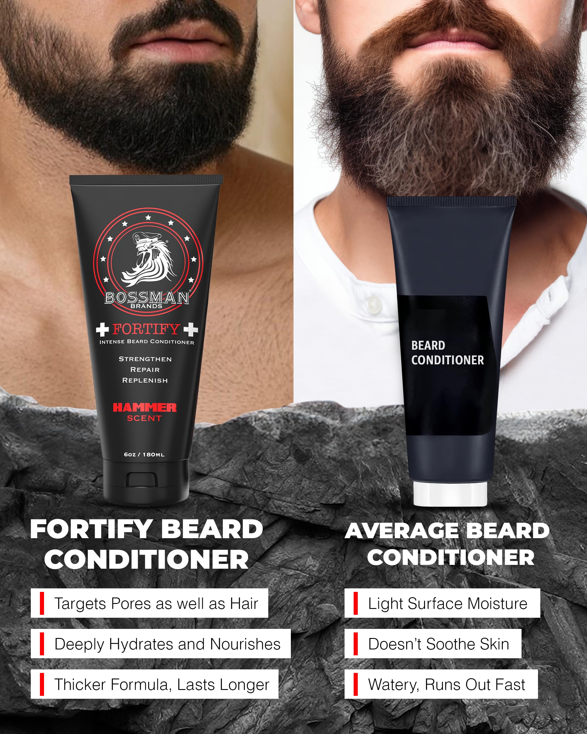 Bossman Fortify tube highlights itch and beardruff reduction benefits