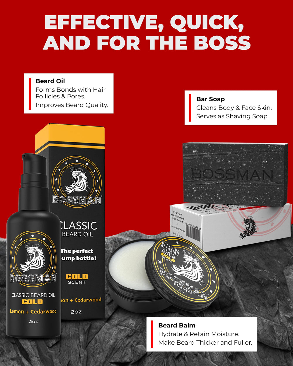 Bossman gold scent packaging with cedarwood and lemon notes for freshness.