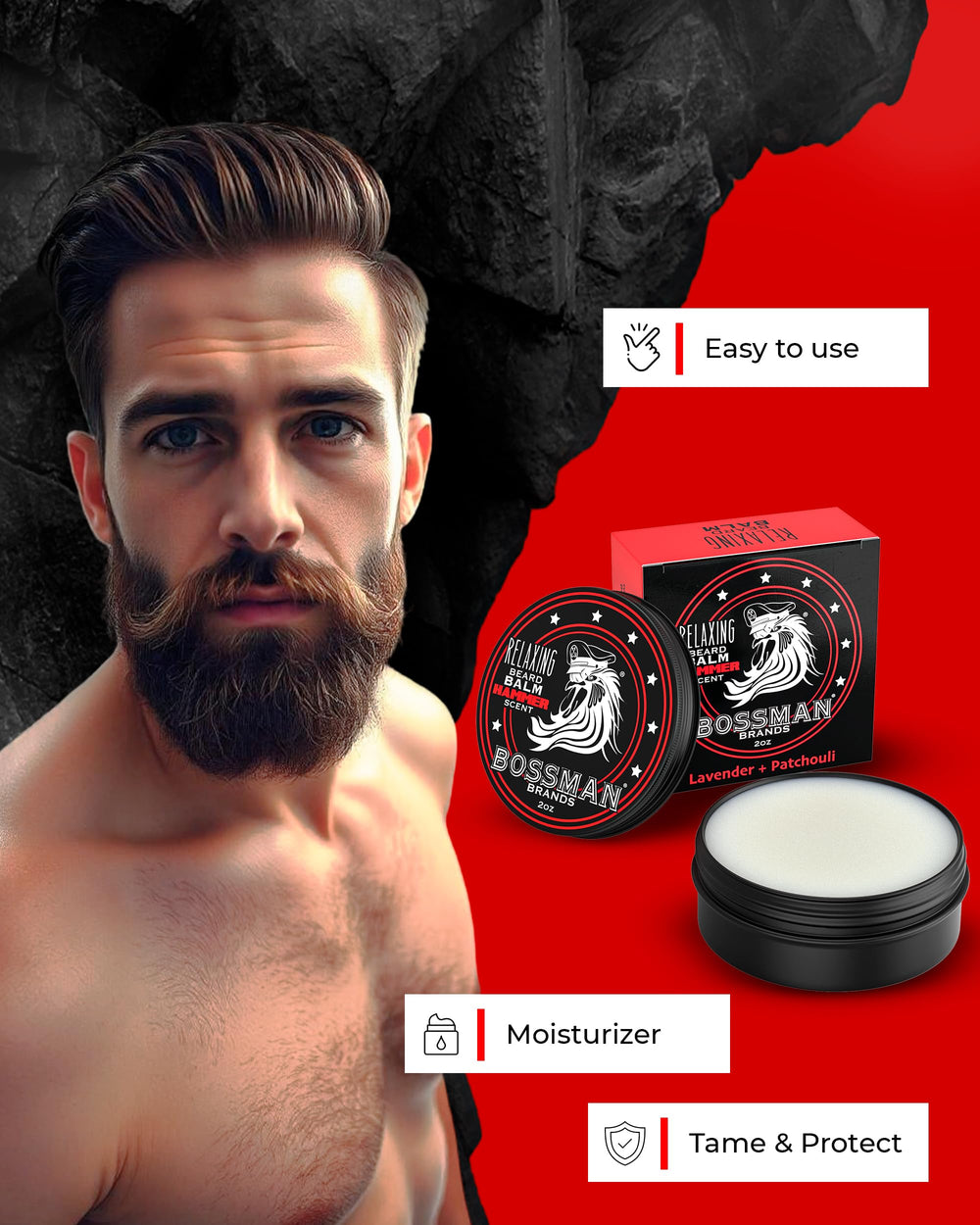 Bossman Hammer Scent beard balm tube dispense demonstrates easy application and controlled taming