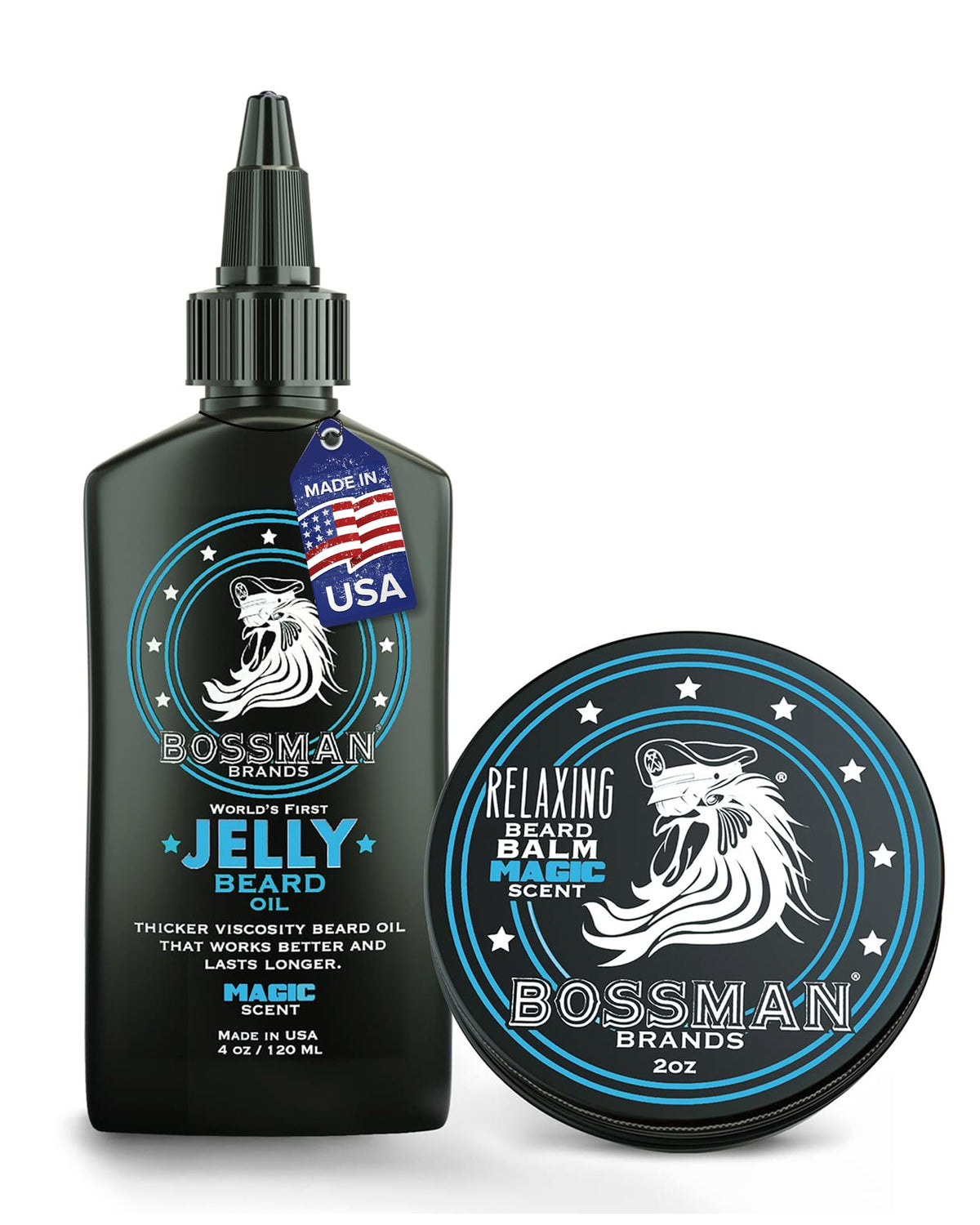Bossman Jelly Beard Oil bottle showing a moisture-locking formula for a fuller, softer beard.