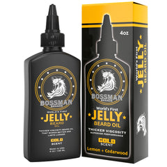 Bossman Jelly Beard Oil bottle with gold scent for daily moisture and easy grooming.