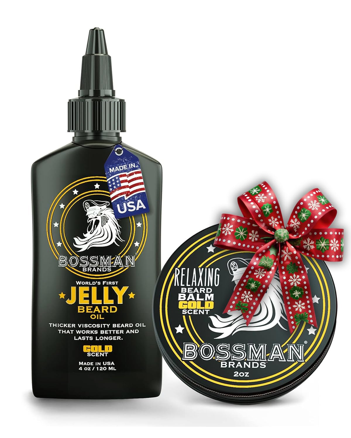 Bossman Jelly Beard Oil bottle pour with gold scent for nourishing pores.