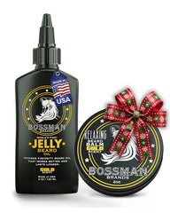 Bossman Jelly Beard Oil bottle pour with gold scent for nourishing pores.