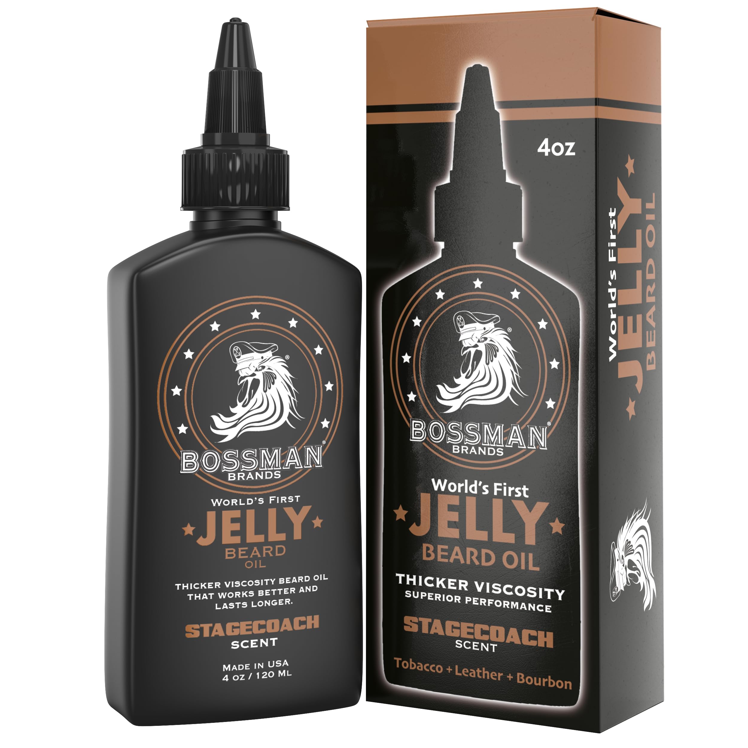 Bossman Jelly Beard Oil Stagecoach bottle shows rich moisture for a polished beard.